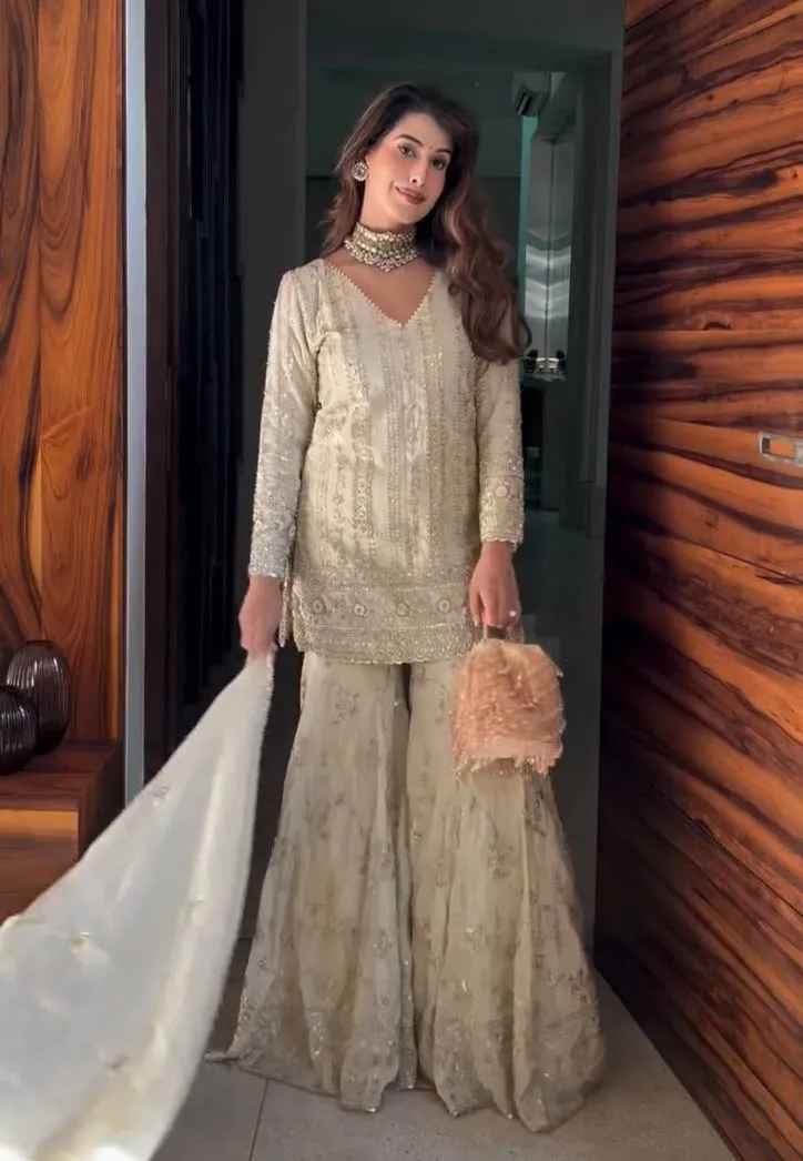 Sabina 1689 Cream Faux Georgette Embroidery Readymade Dress