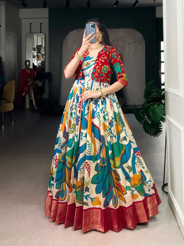 Stylish WMN 5035 Tasar Silk Kalamkari Printed Weaving Gown Wholesale 2026 4 Stylish WMN 5035 Tasar Silk Kalamkari Printed Weaving Gown Wholesale 2026