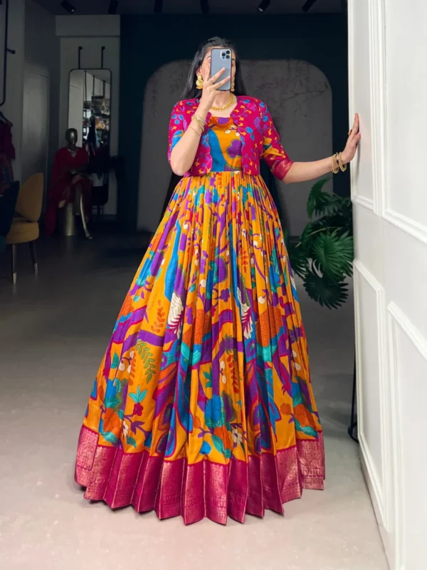 Stylish WMN 5035 Tasar Silk Kalamkari Printed Weaving Gown Wholesale 2026 5 Stylish WMN 5035 Tasar Silk Kalamkari Printed Weaving Gown Wholesale 2026