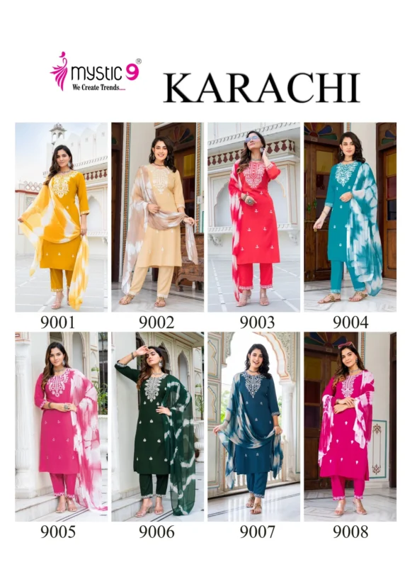 Launching Mystic 9 Karachi Vol 9 Heavy Rayon Straight Kurta With Bottom And Dupatta Wholesale 2026