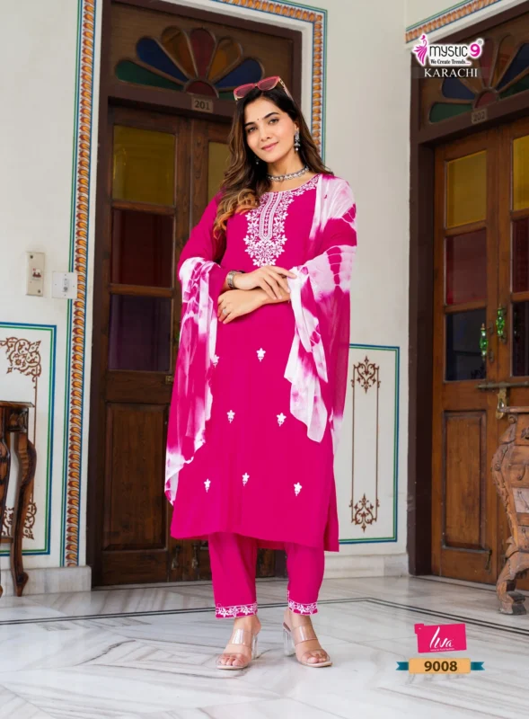 Launching Mystic 9 Karachi Vol 9 Heavy Rayon Straight Kurta With Bottom And Dupatta Wholesale 2026