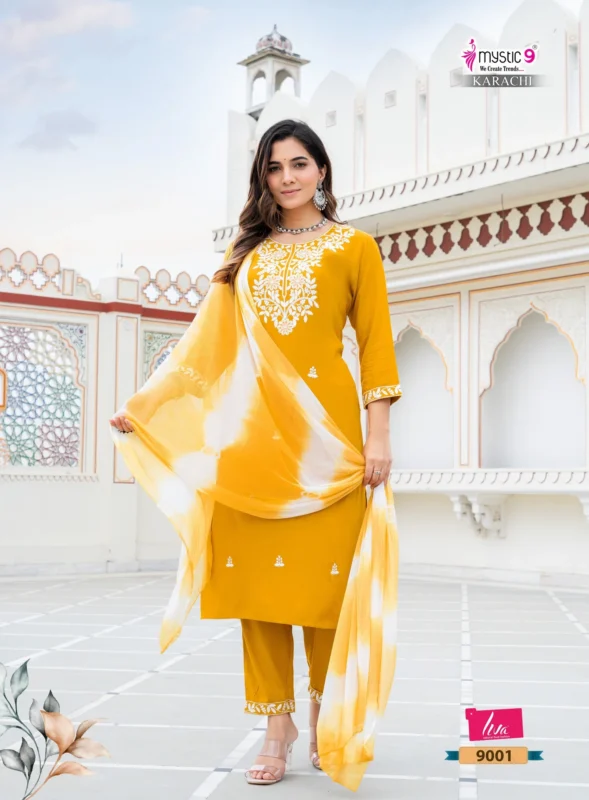 Launching Mystic 9 Karachi Vol 9 Heavy Rayon Straight Kurta With Bottom And Dupatta Wholesale 2026