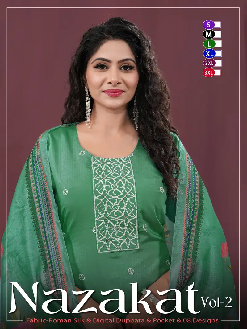 Nazakat Vol 2 Roman Silk Embroidery Worked Kurti With Bottom Dupatta Wholesale