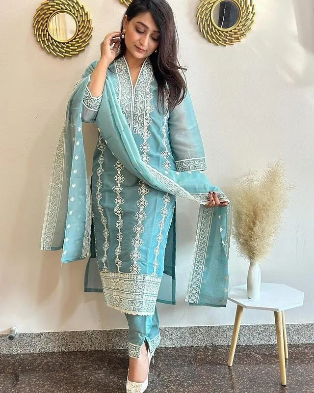 FFD Vichitra Embroidery Sky Blue Readymade Dress Wholesale