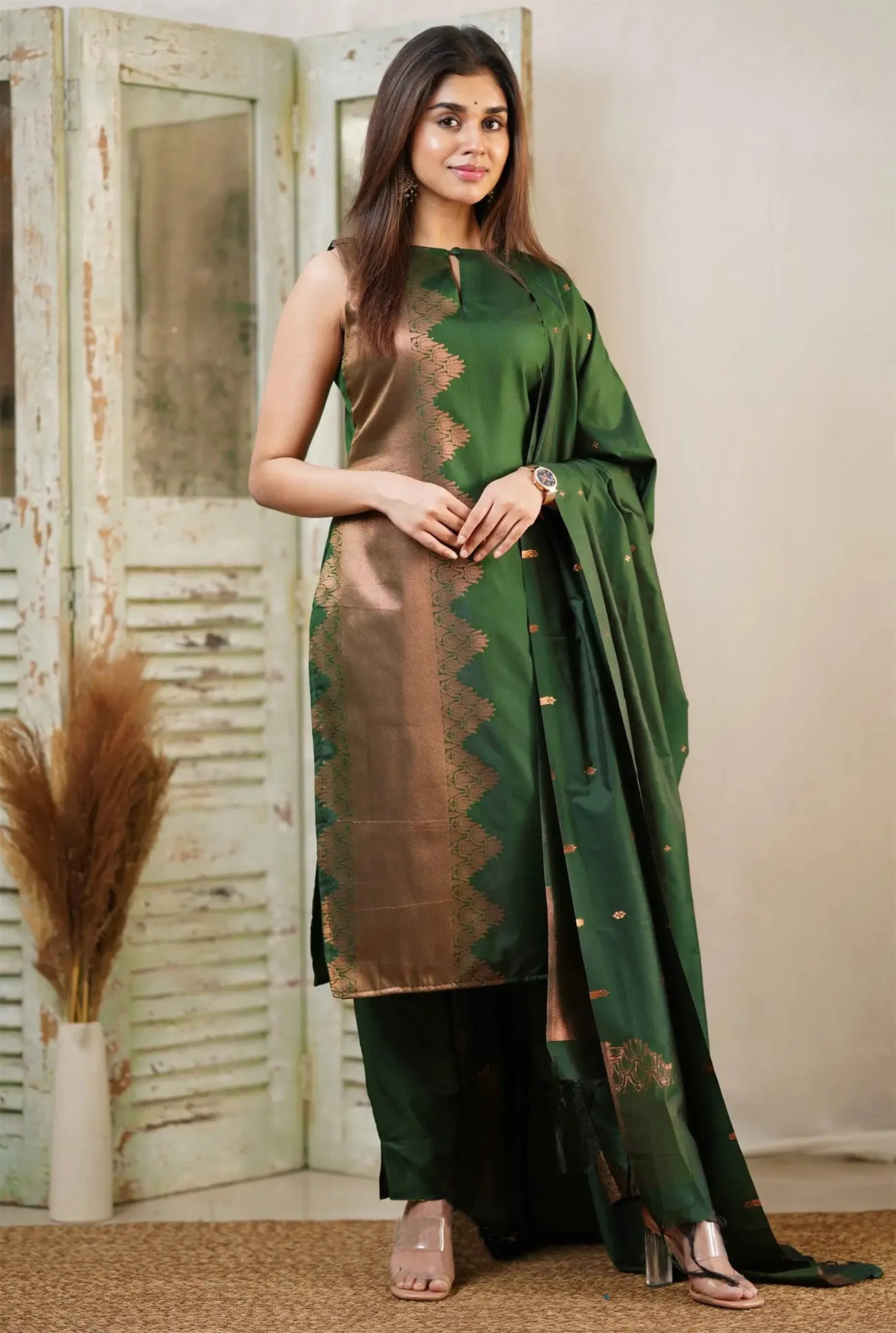 FFD Art Silk Festival Green Readymade Dress Wholesale