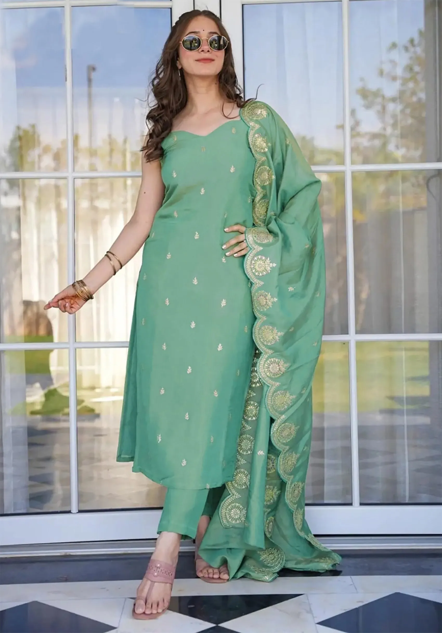 FFD Art Silk Tesla Light Green Readymade Dress Wholesale