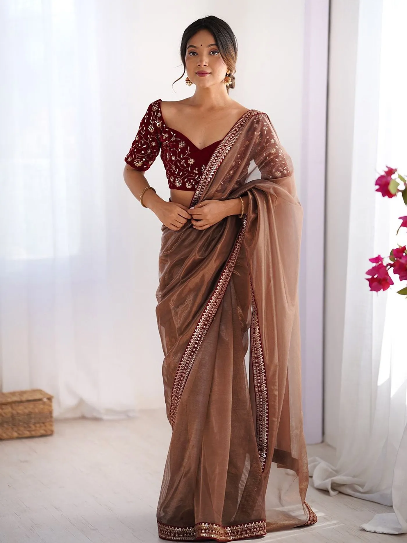 FFD Kitket Net Emboidery Brown Party Wear Saree Wholesale