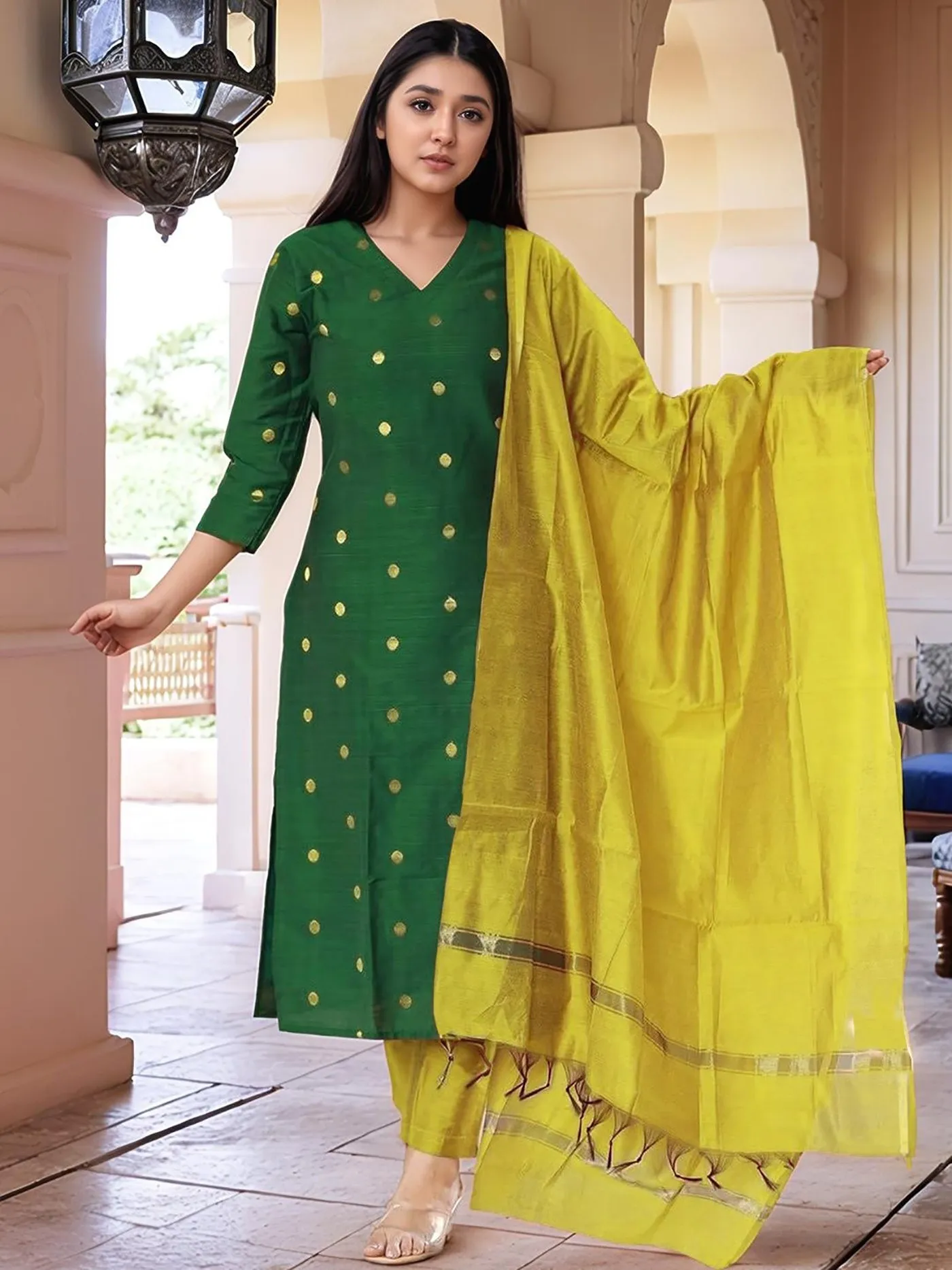 FFD Art Silk Weaving Green Readymade Dress Wholesale