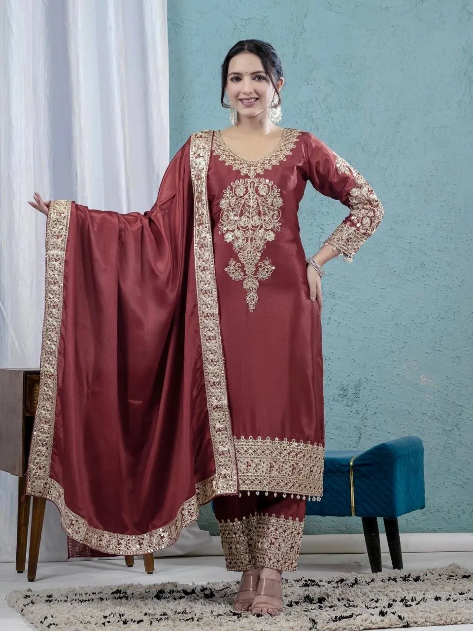 NFD 5034 Chinnon Silk Embroidery Readymade Dress Wholesale